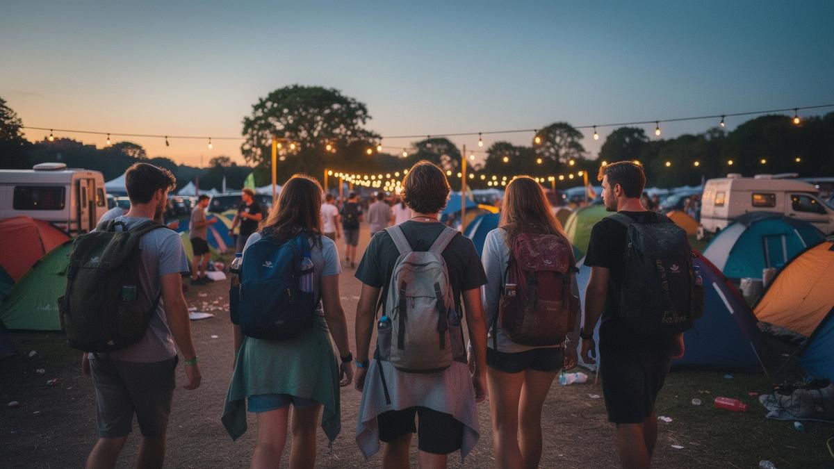 KORAL travellers with backpacks walking into a festival campsite at dusk